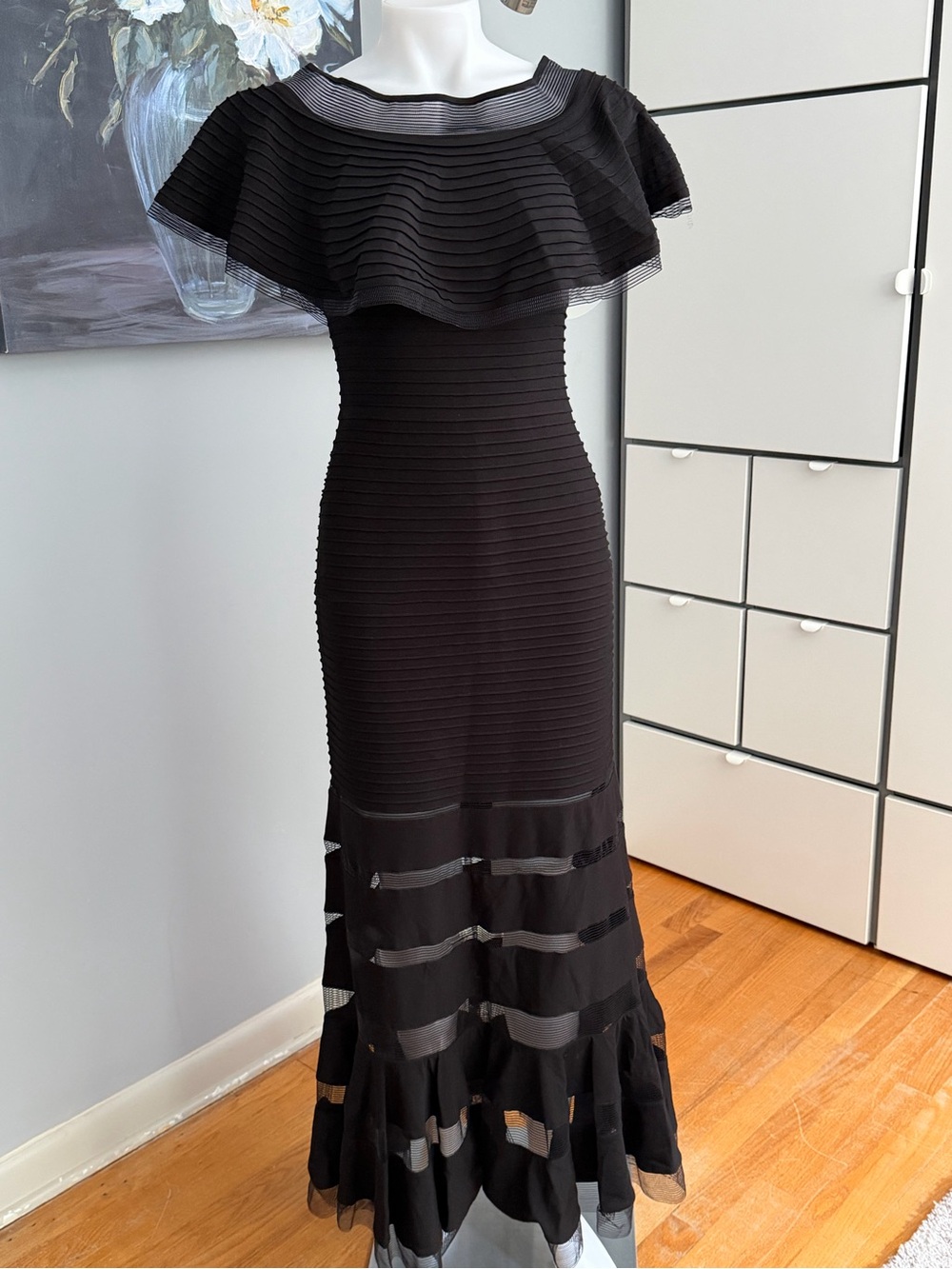 Tadashi Shoji Black Off-Shoulder Ruffle Mermaid Dress
